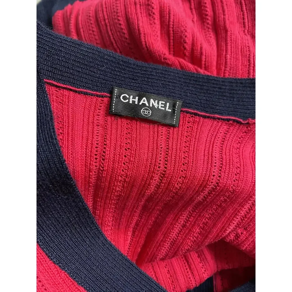 2010 CHANEL Pink Navy Blue Cotton Cashmere Top Cardigan Sweater FR-36 US-2/4